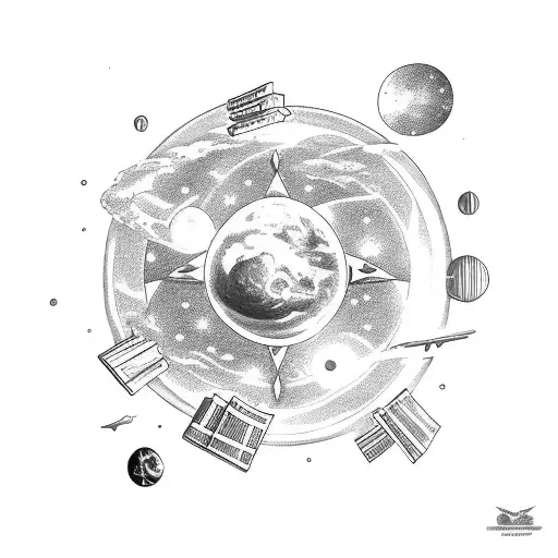 A celestial library floating in space filled with sci-fi books tattoo design idea