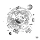 A celestial library floating in space filled with sci-fi books tattoo design idea