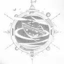 A celestial library floating in space filled with sci-fi books tattoo design idea