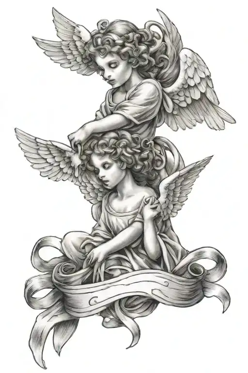 one Angel and clouds and two bird with ribbons glazing tattoo design idea