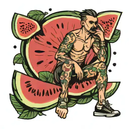 man sitting on watermelon slice tattoo design idea