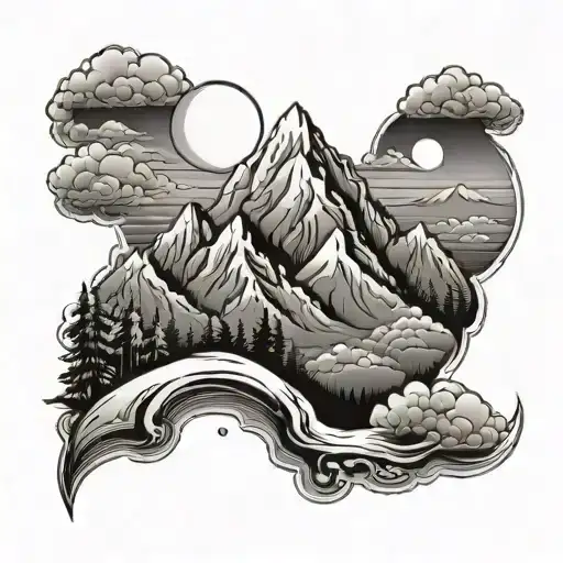 A mountain range with a rising sun in the background, symbolizing new beginnings and perseverance tattoo design idea