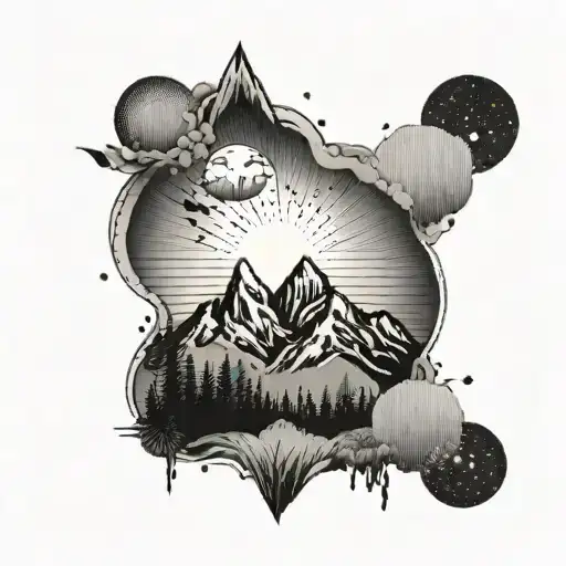 A mountain range with a rising sun in the background, symbolizing new beginnings and perseverance tattoo design idea