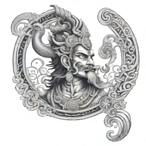 A detailed portrait of Yama, the Hindu god of death, with a background of swirling cosmic patterns tattoo design idea