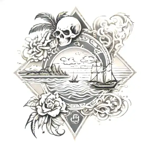 A chicano-inspired design incorporating symbols of financial success and family unity with a landscape of the pacific no tattoo design idea