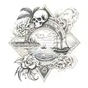 A chicano-inspired design incorporating symbols of financial success and family unity with a landscape of the pacific no tattoo design idea