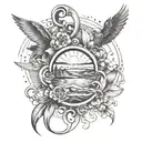 A chicano-inspired design incorporating symbols of financial success and family unity with a landscape of the pacific no tattoo design idea