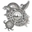 A chicano-inspired design incorporating symbols of financial success and family unity with a landscape of the pacific no tattoo design idea