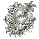 A chicano-inspired design incorporating symbols of financial success and family unity with a landscape of the pacific no tattoo design idea