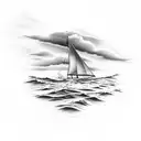 A traditional tattoo of a sailboat navigating through ocean waves under a setting sun tattoo design idea