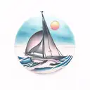 A traditional tattoo of a sailboat navigating through ocean waves under a setting sun tattoo design idea