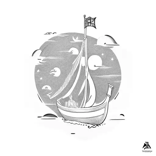 Medieval castle with a Viking ship sailing towards it tattoo design idea