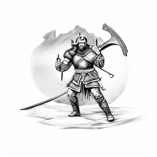 A sketch of a Viking warrior holding a sword with a castle in the background tattoo design idea