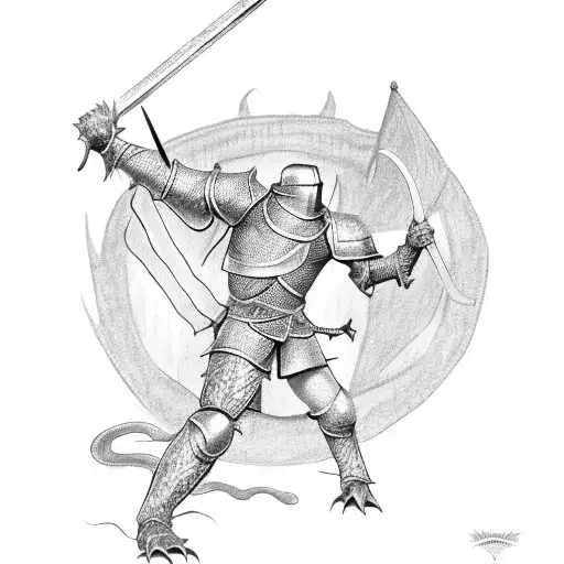 A black and grey sketch of a medieval knight battling a dragon tattoo design idea