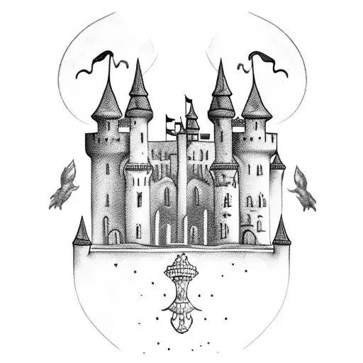 A blackwork tattoo of a medieval castle surrounded by mystical creatures tattoo design idea