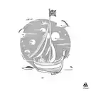 Medieval castle with a Viking ship sailing towards it tattoo design idea