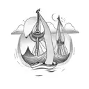 Medieval castle with a Viking ship sailing towards it tattoo design idea