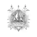 Medieval castle with a Viking ship sailing towards it tattoo design idea