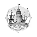 Medieval castle with a Viking ship sailing towards it tattoo design idea