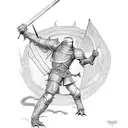 A black and grey sketch of a medieval knight battling a dragon tattoo design idea