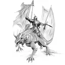 A black and grey sketch of a medieval knight battling a dragon tattoo design idea