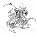 A black and grey sketch of a medieval knight battling a dragon tattoo design idea