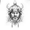 A realistic portrait of a Game of Thrones character wearing a Viking helmet tattoo design idea