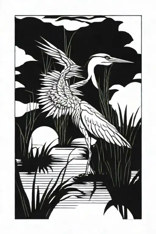 heron standing tall in swamp with reeds making a rectangle border tattoo design idea