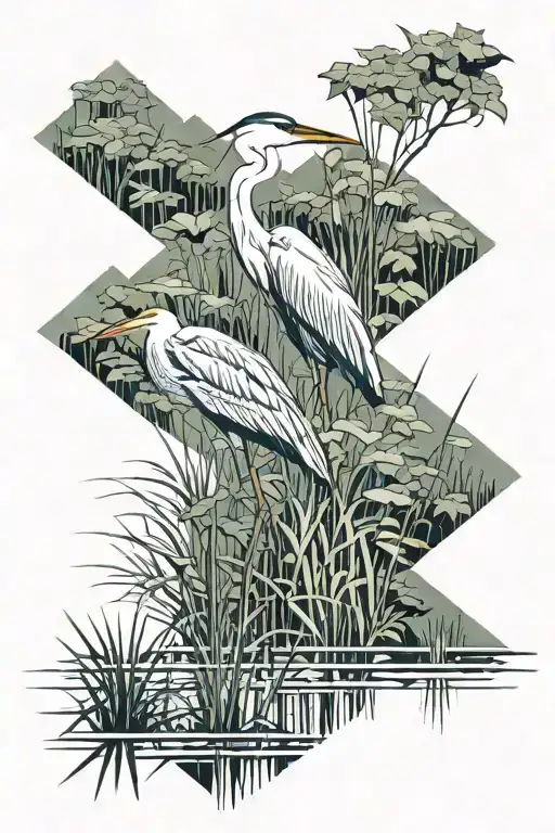 heron standing tall in swamp with reeds making a geometric border tattoo design idea