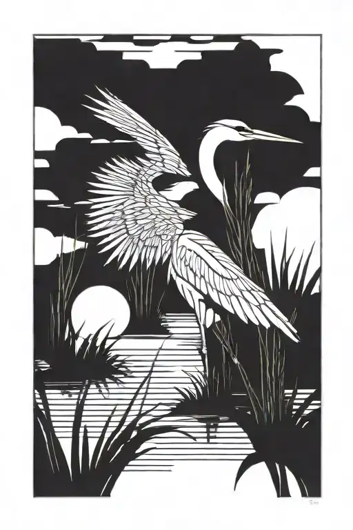 heron standing tall in swamp with reeds making a rectangle border and wings tucked in tattoo design idea