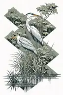heron standing tall in swamp with reeds making a geometric border tattoo design idea