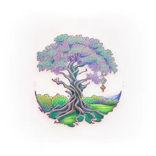 a Celtic style oak tree being held by an arm tattoo design idea