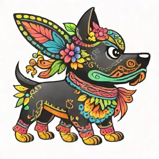 a vibrant and colorful Mexican alebrije of a xolo dog tattoo design idea