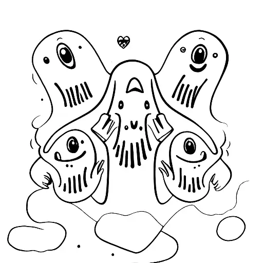 3 sad cartoon ghosts with crossed out eyes drawing tattoo design idea