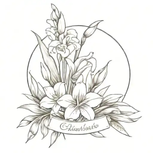 bouquet of gladioli and snowdrops with first name tattoo design idea