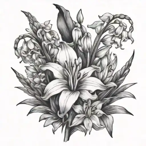 bouquet of gladioli and snowdrops with first name tattoo design idea