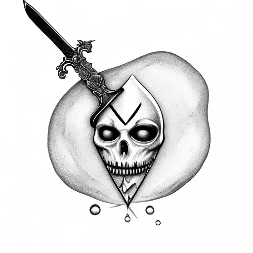 sword stabbed through apple with a face with fern wrapping around tattoo design idea
