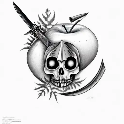 sword stabbed through apple with a face with fern wrapping around tattoo design idea