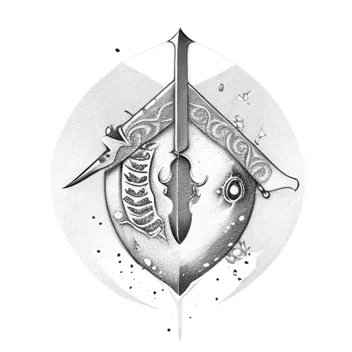 sword stabbed through apple with a face with fern wrapping around tattoo design idea