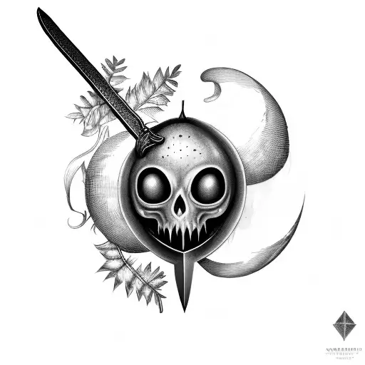 sword stabbed through apple with a face with fern wrapping around tattoo design idea