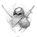 sword stabbed through apple with a face with fern wrapping around tattoo design idea