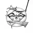 sword stabbed through apple with a face with fern wrapping around tattoo design idea