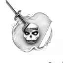 sword stabbed through apple with a face with fern wrapping around tattoo design idea