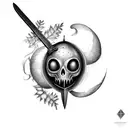 sword stabbed through apple with a face with fern wrapping around tattoo design idea