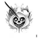 sword stabbed through apple with a face with fern wrapping around tattoo design idea