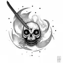 sword stabbed through apple with a face with fern wrapping around tattoo design idea