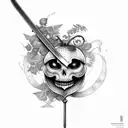 sword stabbed through apple with a face with fern wrapping around tattoo design idea