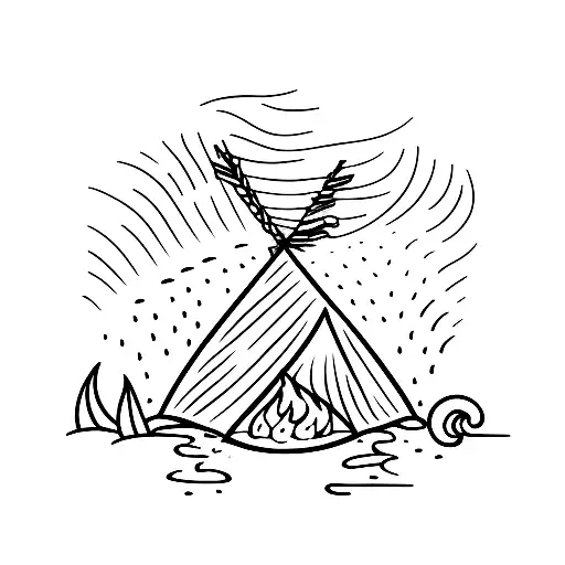 A minimalist tattoo of a beach scene with a tent and a bonfire tattoo design idea