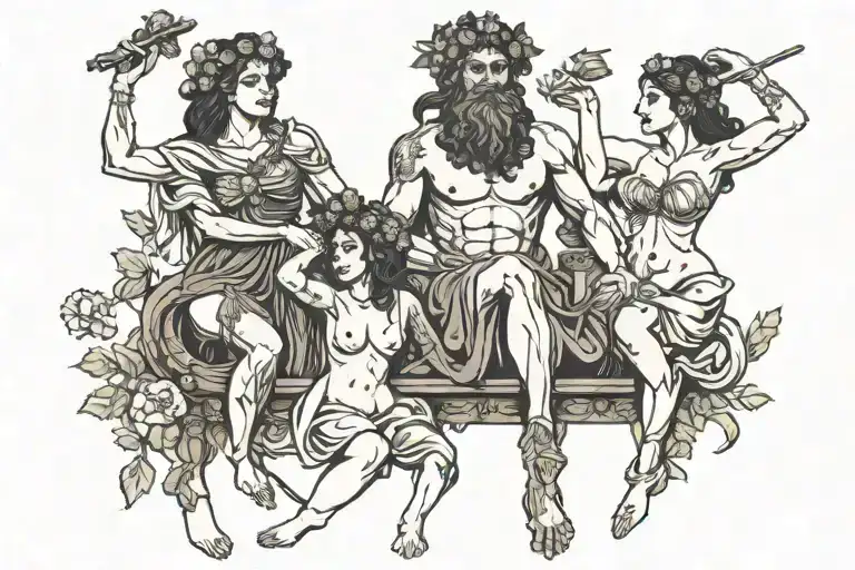 dionysus with 2 women posing tattoo design idea
