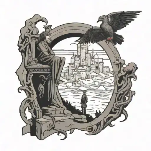 A surreal scene of Nietzsche contemplating life on a cliff overlooking a castle guarded by gargoyles tattoo design idea